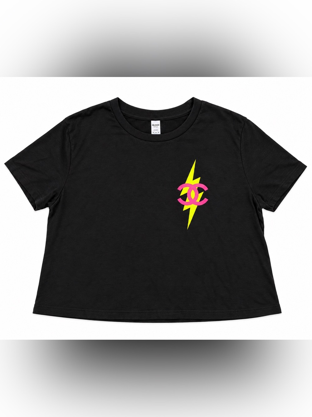 CC Black Cropped Graphic Tee with Neon Lightning and Pink Logo